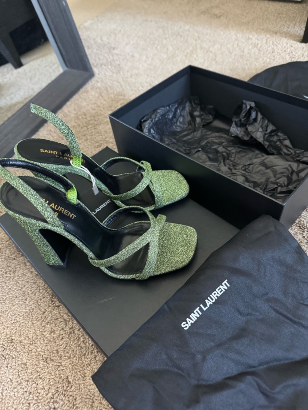 Saint Laurent Metallic Green Glitter Strappy Slingback Heels - Picture 3 of 3